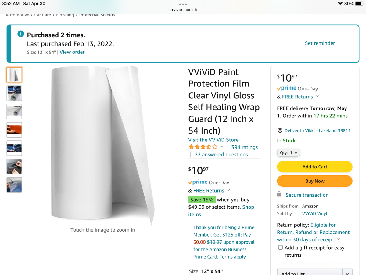 VViViD Paint Protection Film Clear Vinyl Gloss Self Healing Wrap Guard (12  Inch x 54 Inch)